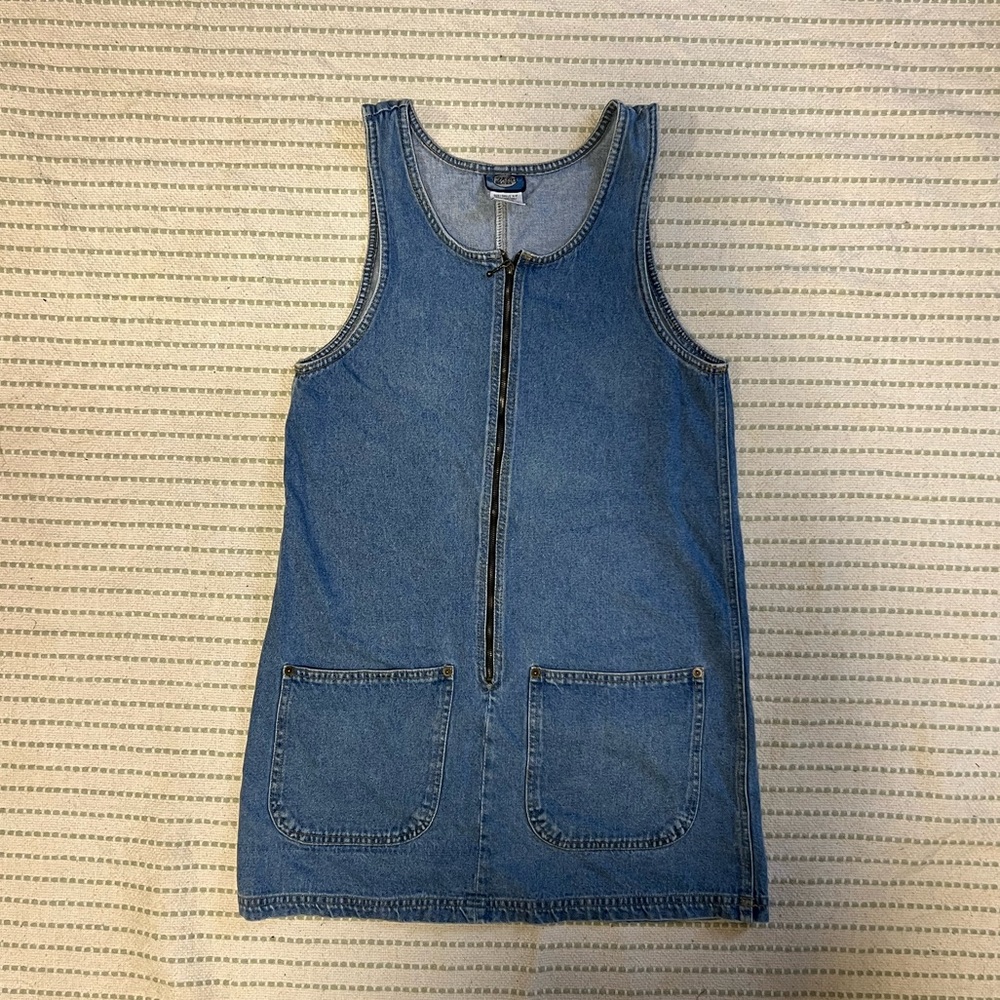 Vintage Denim Pinafore Dress with Front Zip